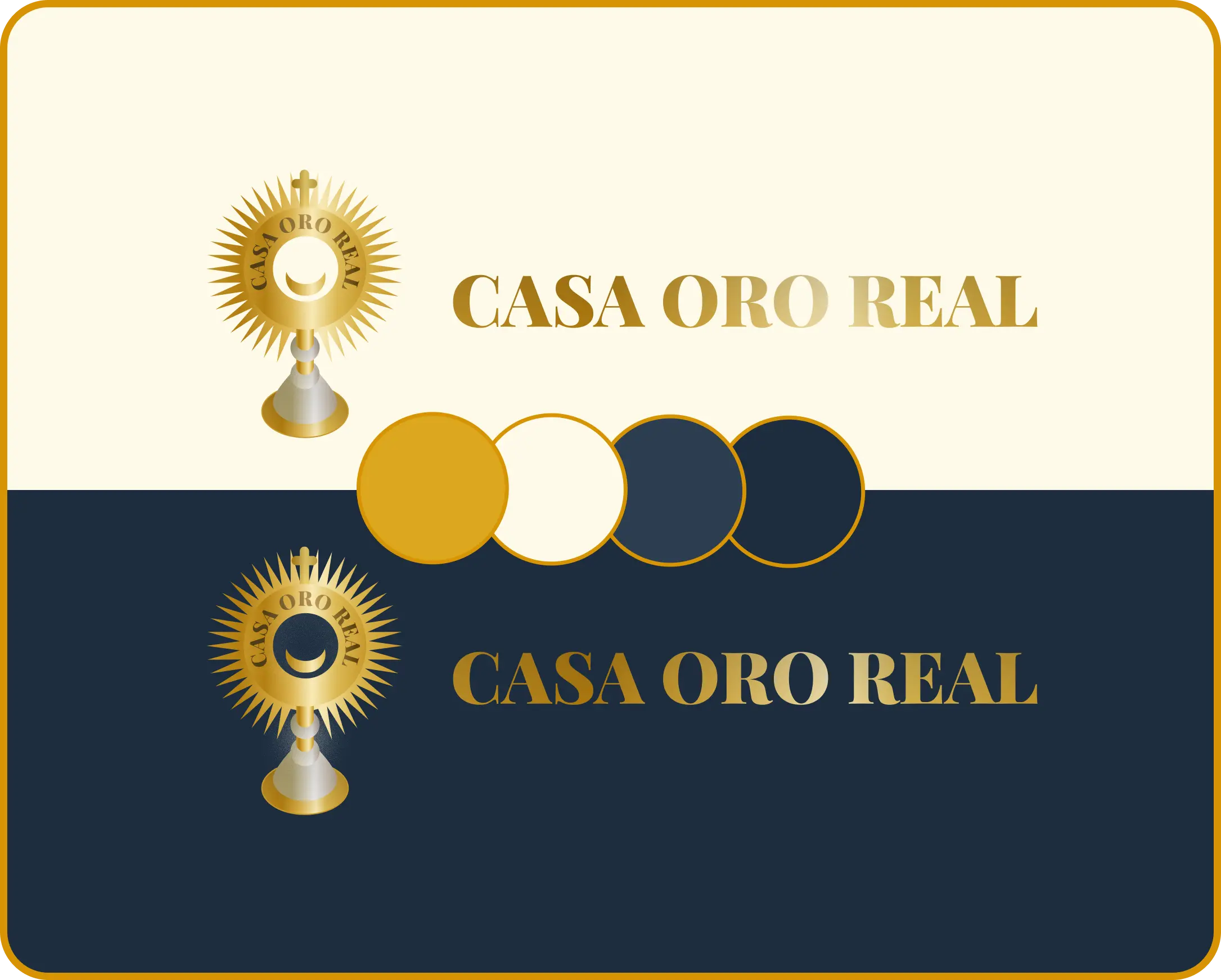 Brand identity for Casa Oro Real, showing logo, color palette, and typography.