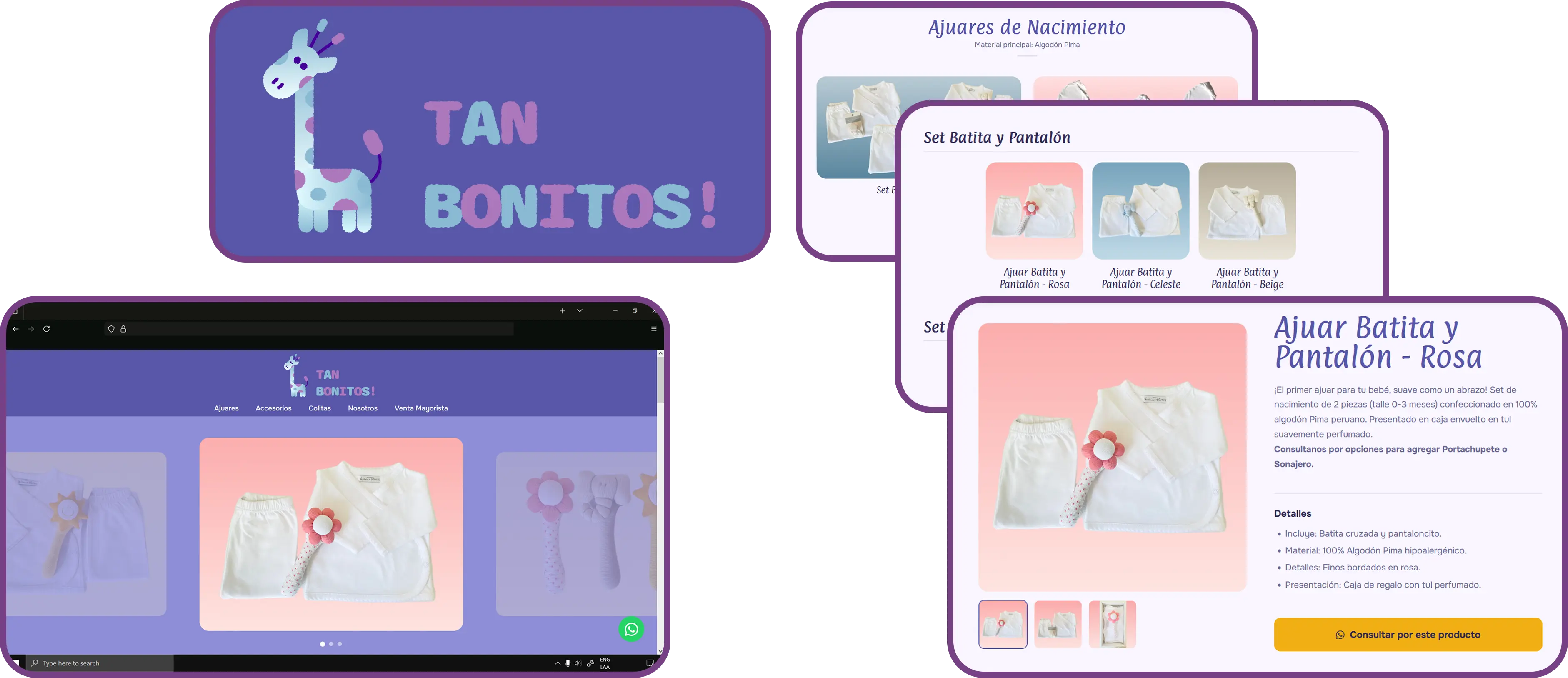 Isometric mockup of the Tan Bonitos! website on various devices.