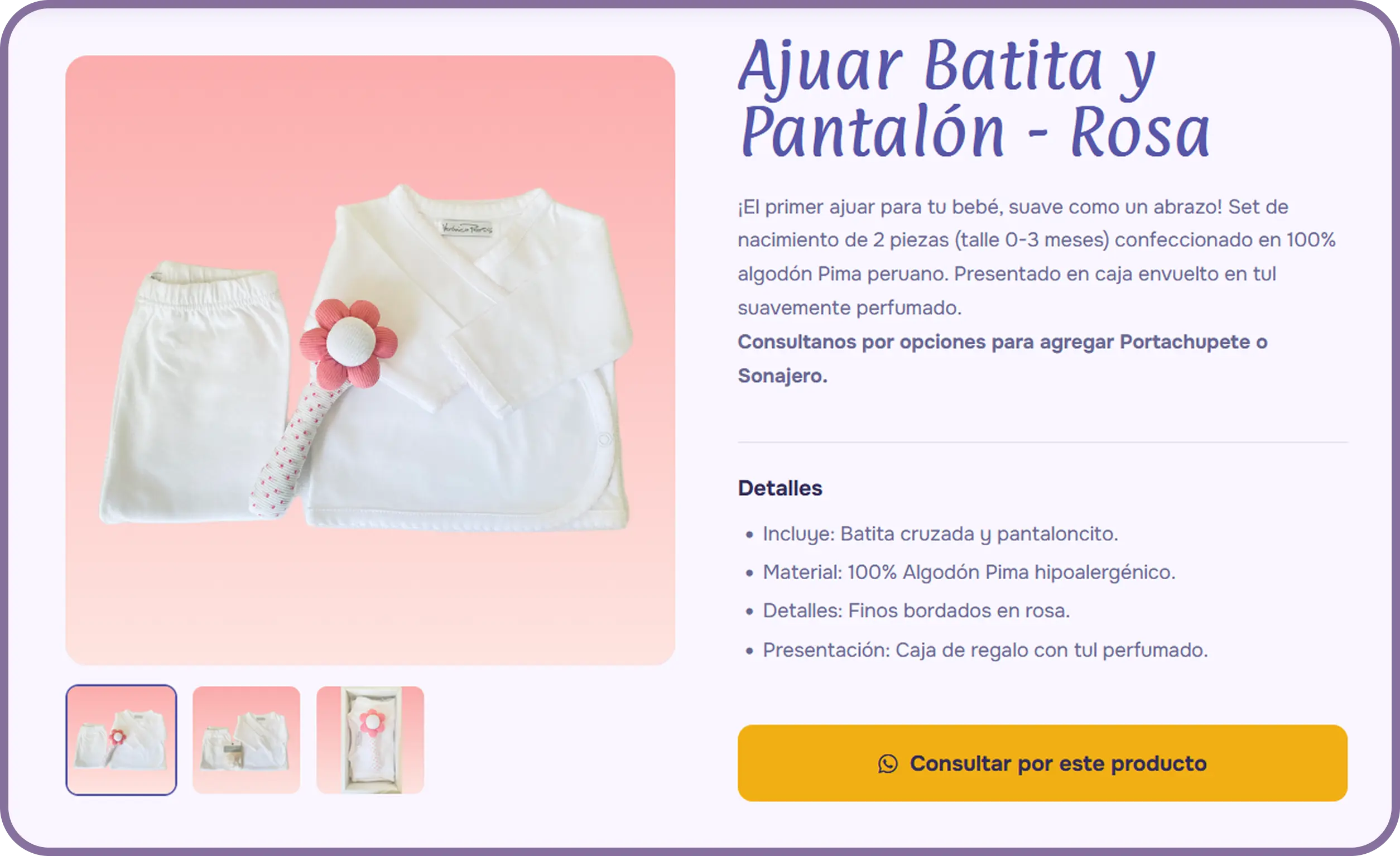 A product detail page showing the clear 'Contact via WhatsApp' call to action.