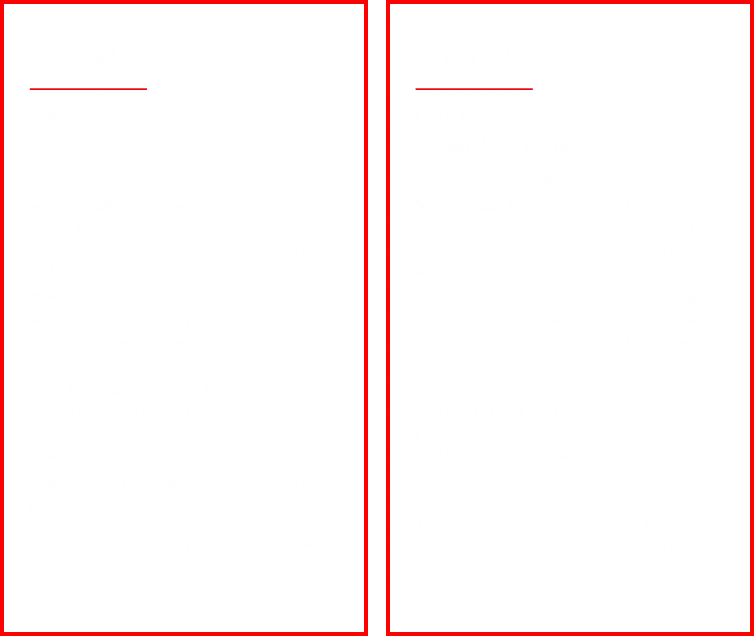 User personas for Sarah, the frequent moviegoer, and David, the busy parent.